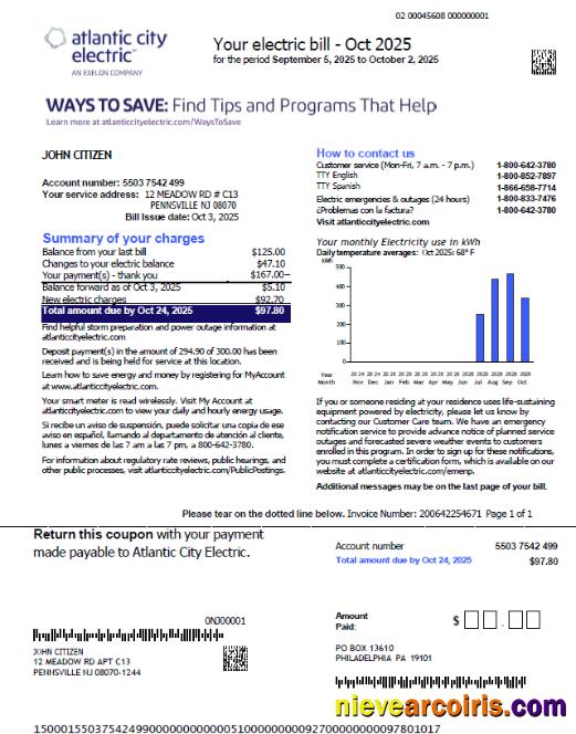 USA Atlantic City Electric utility bill